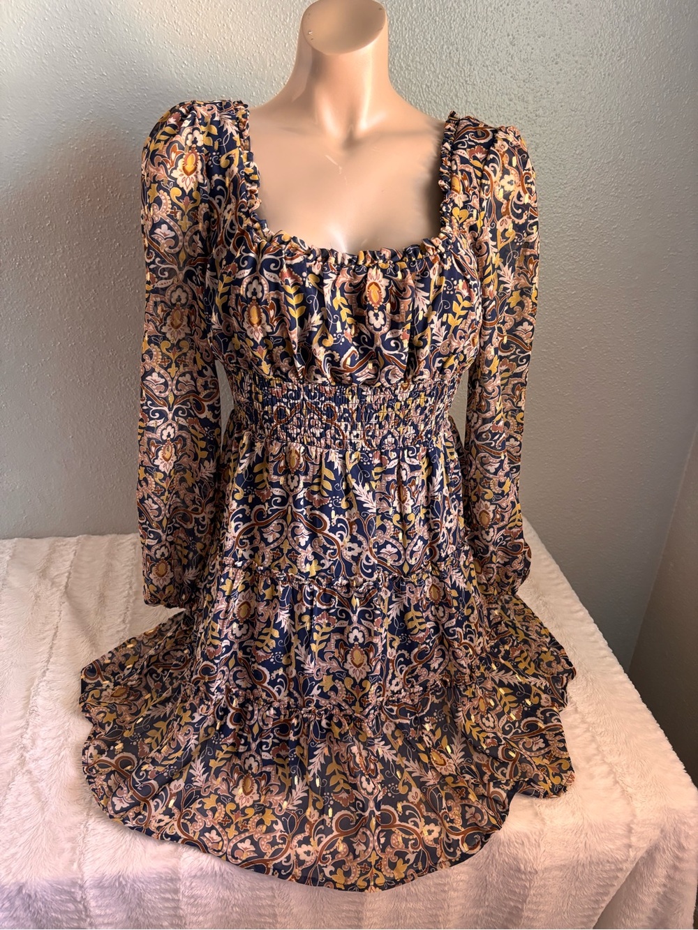City Studio Navy and Mustard Long-Sleeve Smocked Mini Dress Y2K Cottagecore Boho